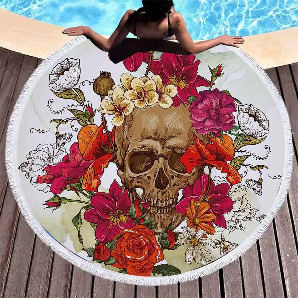 Skull rose series customized quick dry and lint free new fashion for gift to women Microfiber round beach towel