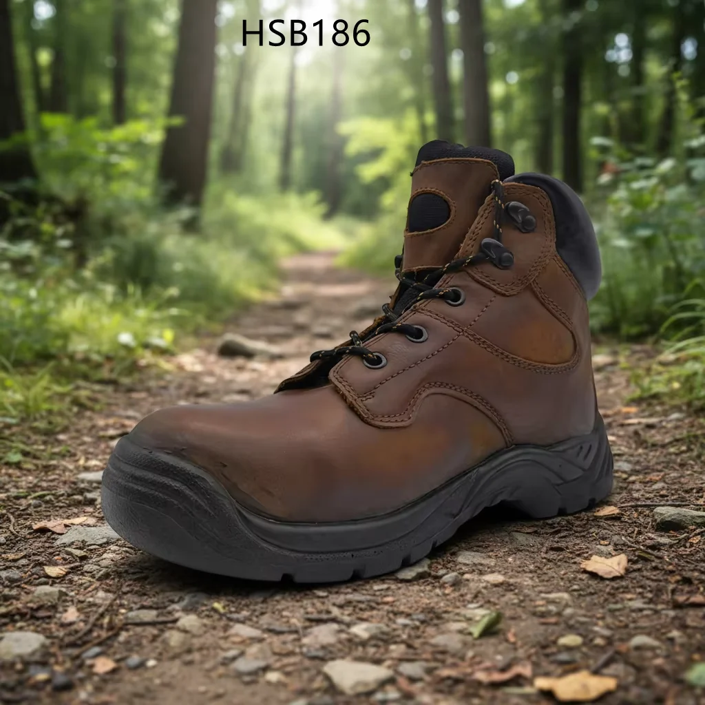 HY,Construction Industry Steel Plate Insert Anti-piercing Security Shoes Top-grade Crazy Horse Leather Brown Safety Boots HSB186