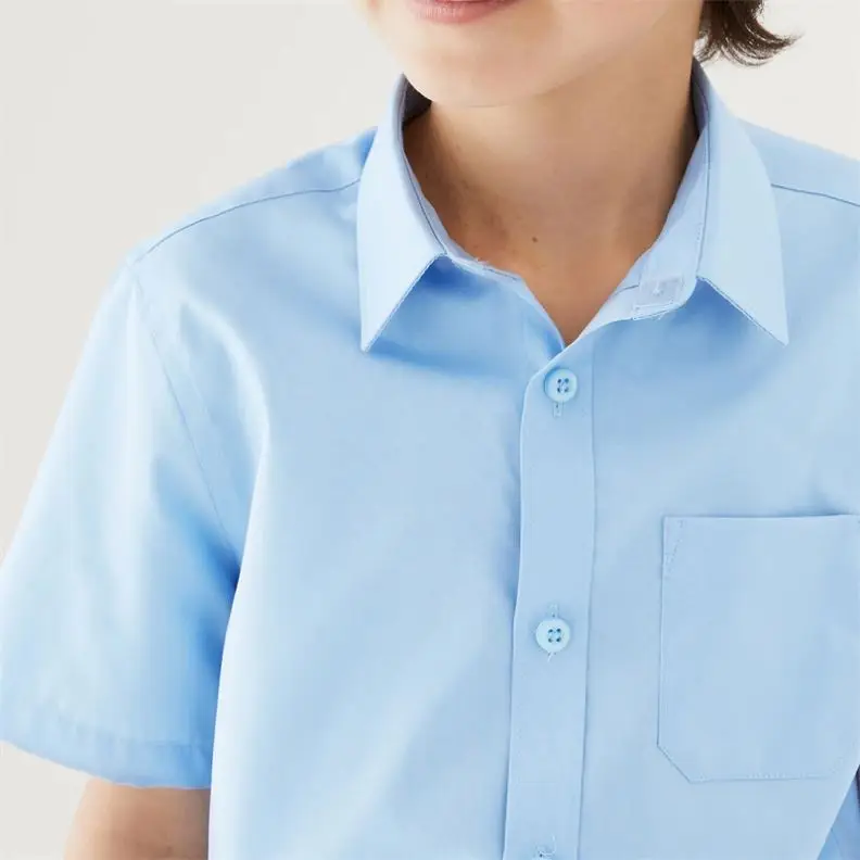 Regular Fit Short Sleeve School Uniform Shirt  Blue Solid Color Formal Boys Shirts