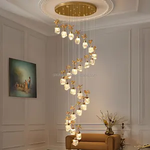Long Crystal Chandelier for Staircase European Style Remote Switch Control Aluminum Chrome Iron Adjustable Beam AC