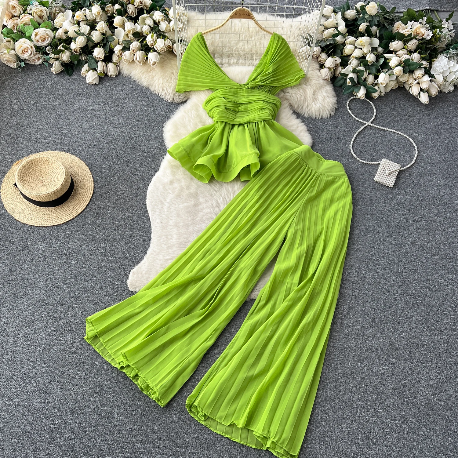 High-End Elegant Fashion Suit Women's Summer Pleated Sleeveless Chiffon Top  High-Waisted Wide-Leg Pants Two-Piece Fashion Set