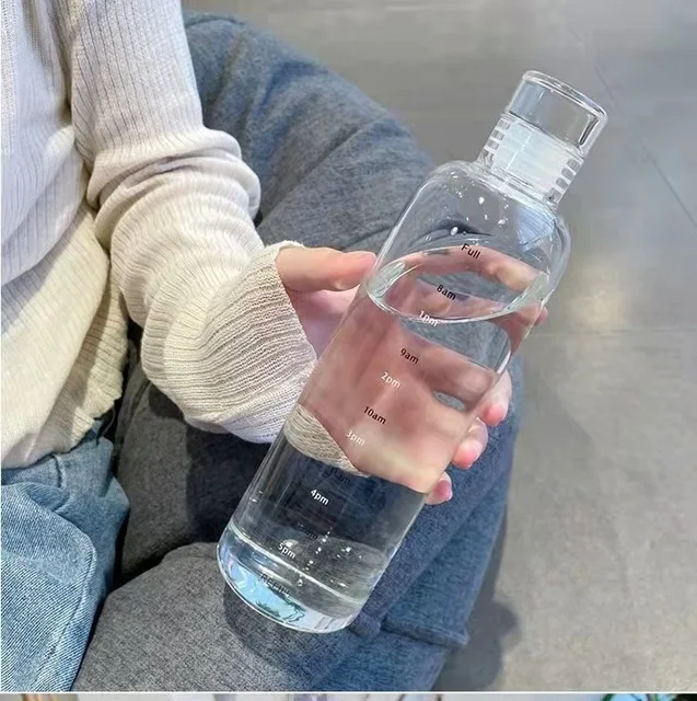 Simple Big Capacity Time Scale Transparent Circular Glass Beverage Water Bottle