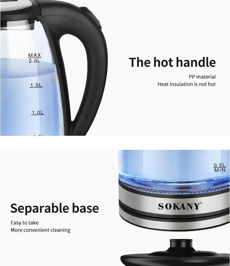 SOKANY 1000W High Borosilicate Glass Electric Kettle Home Water Kettle Auto  Shut-off Water Boiler 