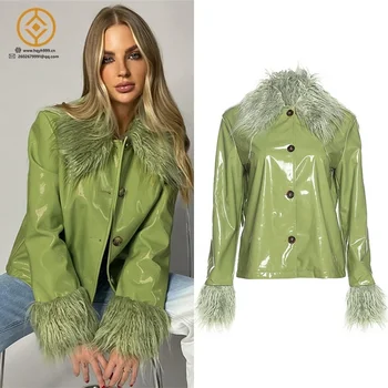 Wholesale Products Keep Warm Green Long Sleeve Winter Coat Streetwear Slim Fur Collar Pu Leather Jackets