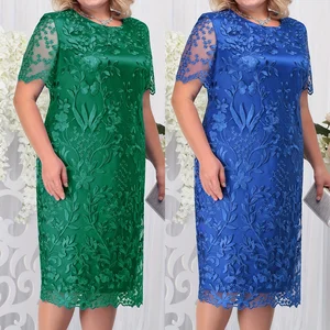 Latest Design Women Plus Size Dress O-neck Midi Loose Dress L-5xl Lady Evening Lace Mesh Sexy Elegant Dress Female Clothing
