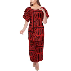 Customize Hot Sale Customized Polynesian Tribal Design Crew Neck Double Layered Sleeve Dress Samoa Puletasi Two-Piece Loose