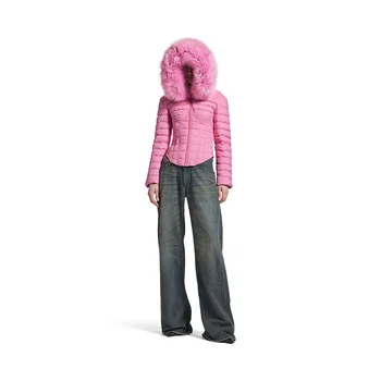 Custom Women's Winter Down Jacket With Faux Fur Windproof Hood Corset Slim Fit Warm Casual Puffer Coat