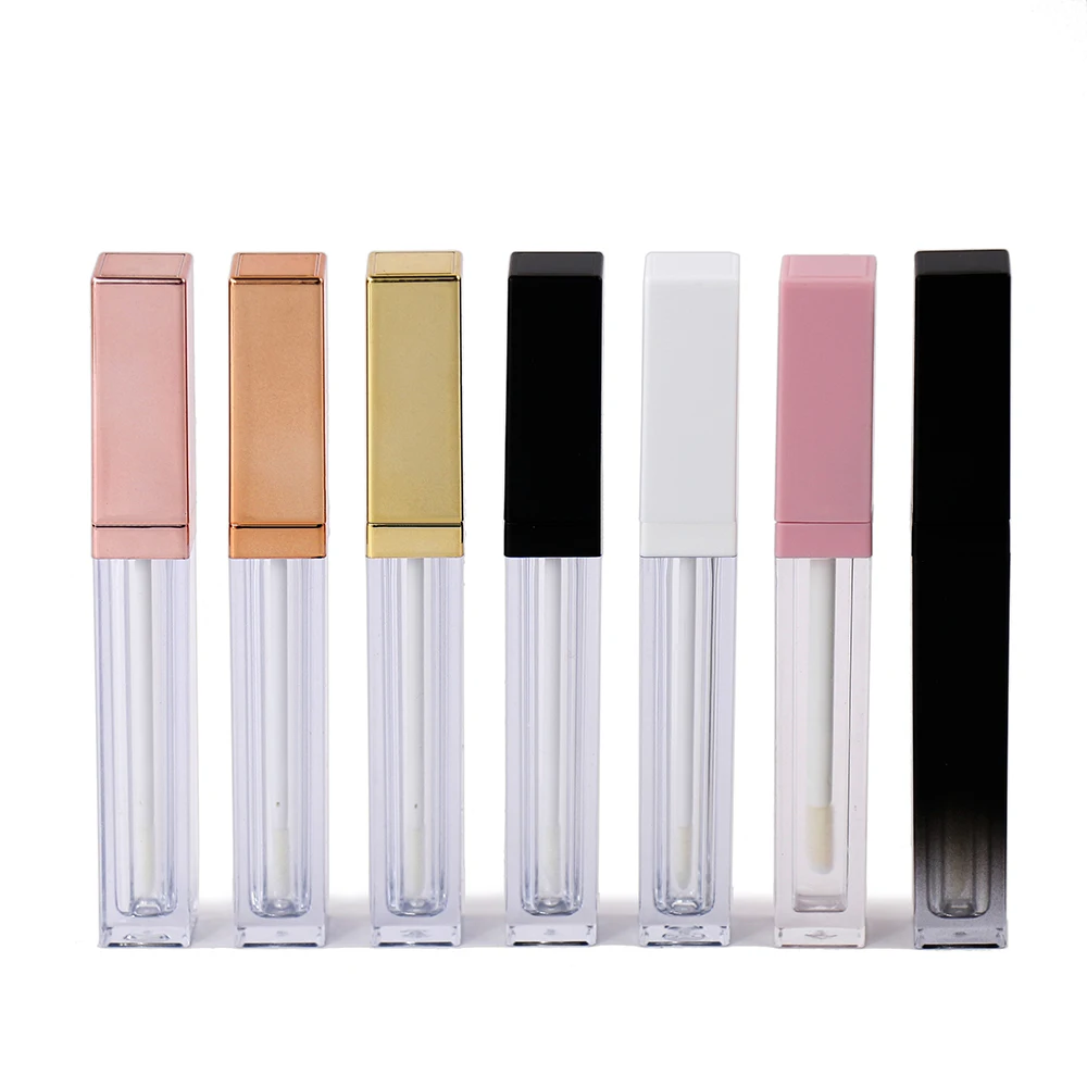 High quality empty Slender gold cap transparent square lip gloss tube container with applicator