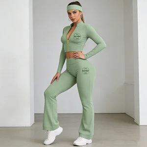 Y2K Style Custom Logo Women's Sportswear Set Full-Zip Jacket & Flared Pants for Gym Fitness Active Wear