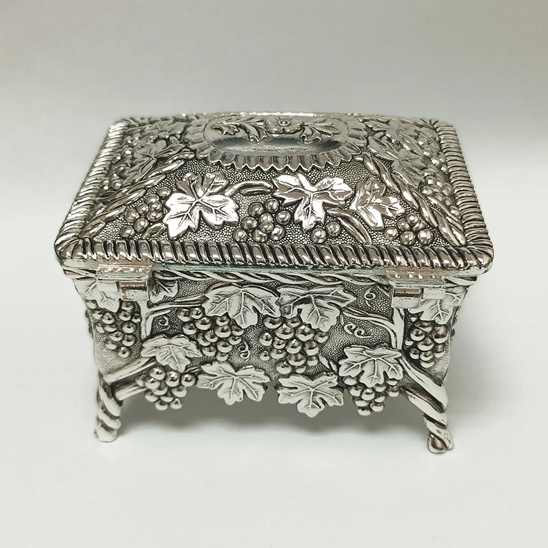 Metal Rectangle Grape Jewelry Box with Four Legs in Antique Finished