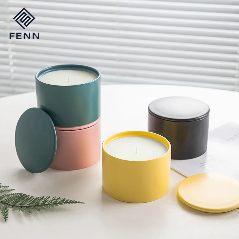 Nordic Matte Multiple Color Custom Porcelain Aromatherapy Fragrance Candle Vessel Empty Ceramic Candle Jar Custom Logo With Lid