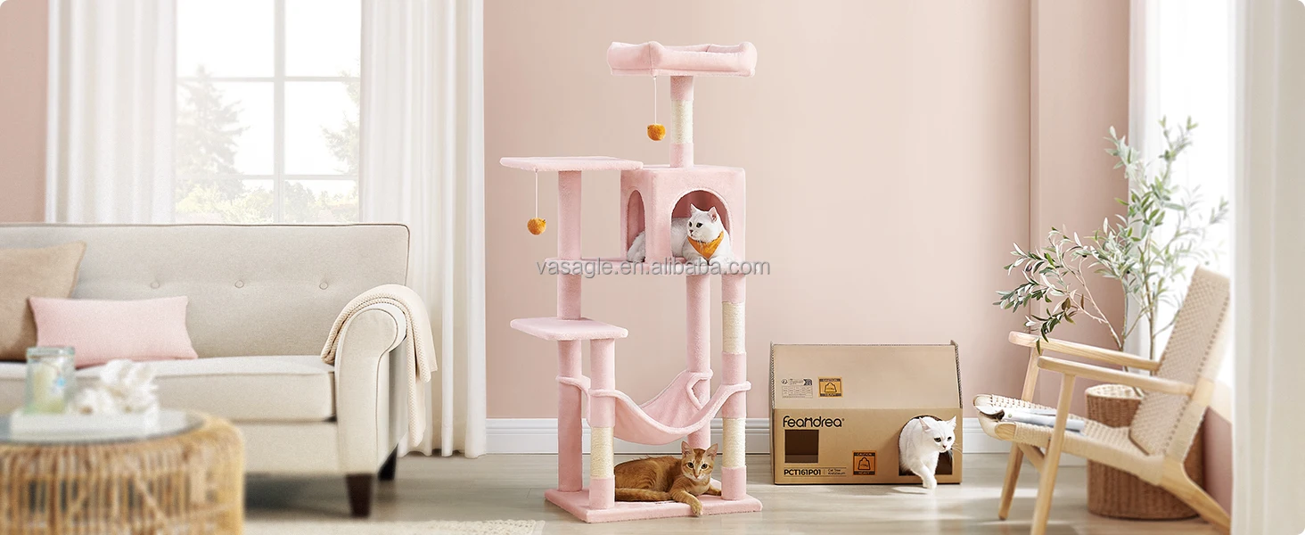 Feandrea Pink Large Multilevel Cat Trees & Scratcher With Hammock
