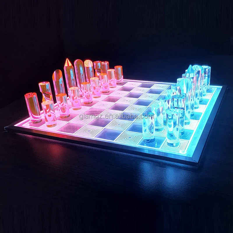 3D Acrylic LED Light Glowing Chess Set Luxury Cut Chessboard Executive Board Game Clear Neon