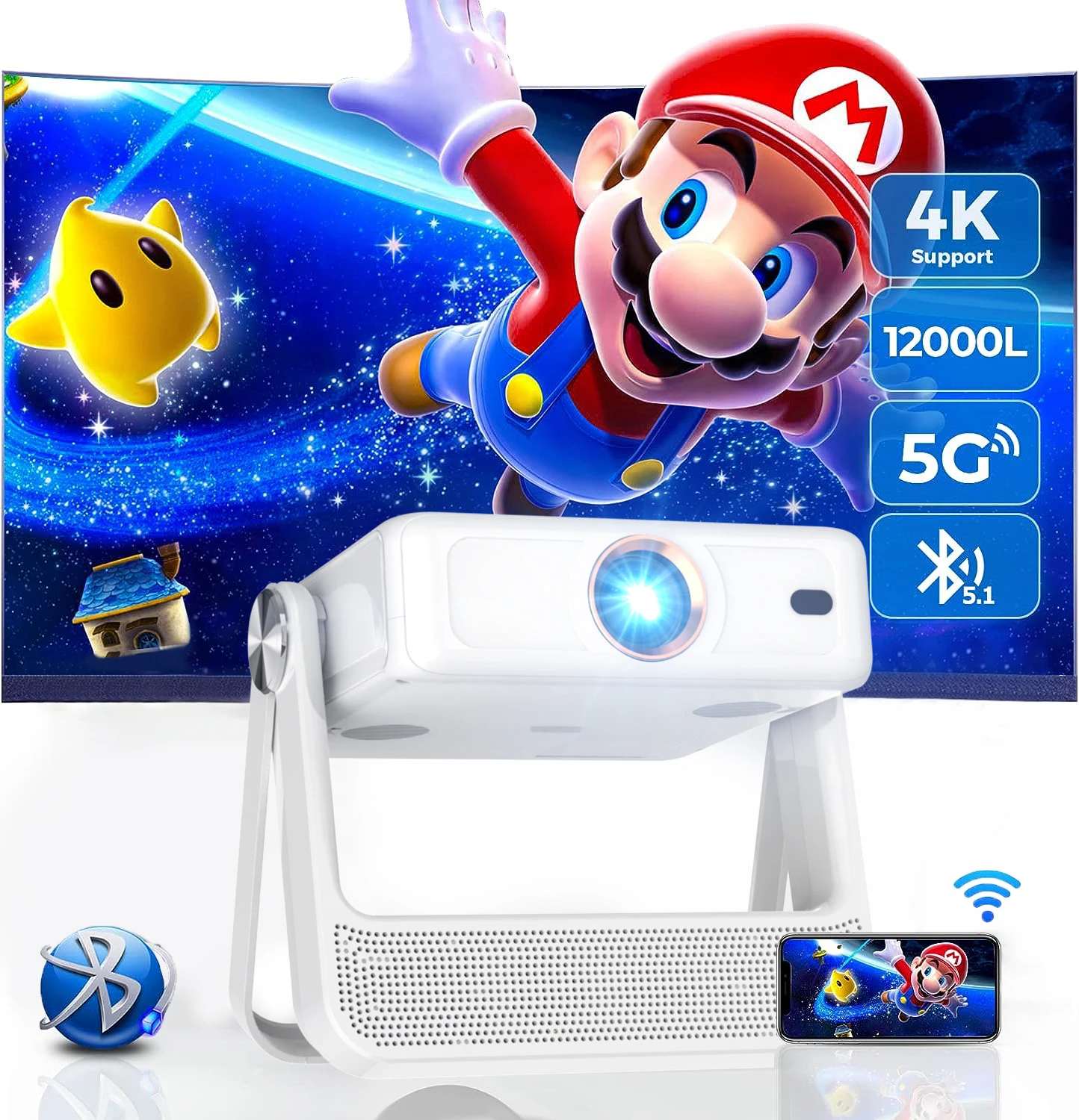 Mini Proiettore Smart 1080P 4K – 190 Lumen, WiFi 6, Bluetooth 5.0, Correzione Keystone E Rotazione 360°