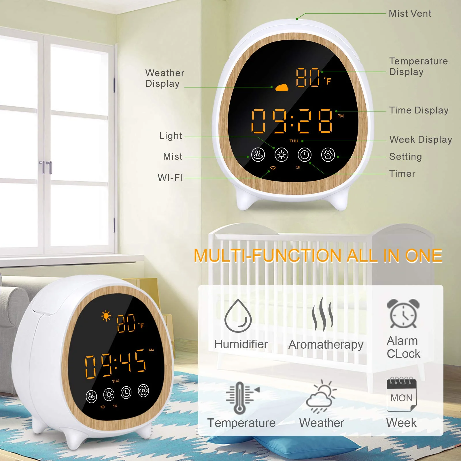 Changlin Smart Alexa Google Weather Diffuser Nature Oil Scent Aromatherapy WIFI Alarm Clock Aroma Humidifier Ultrasonic