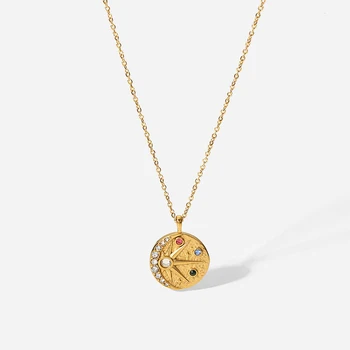 Vintage Sun Moon Embossed Hammer Pattern Color Zirconium Pendant Necklace 18K Gold Stainless Steel Chain Necklace
