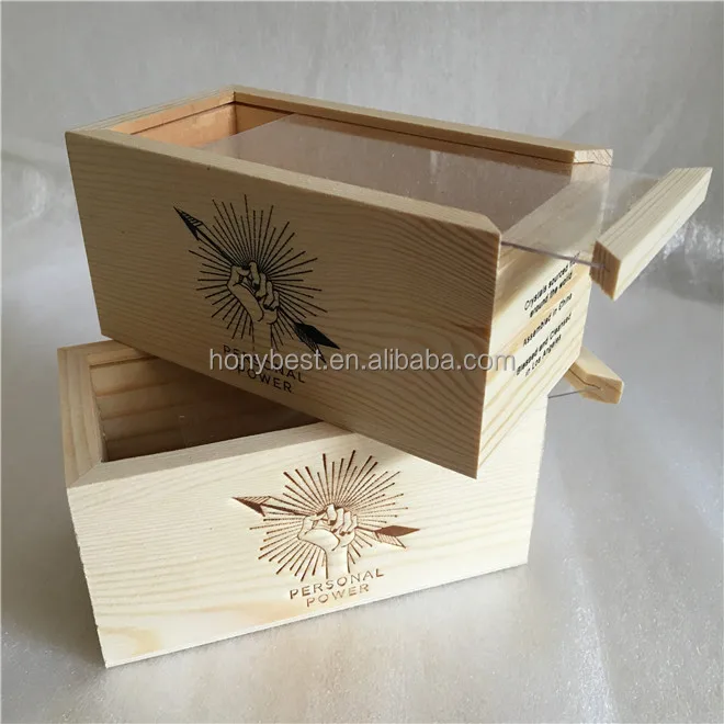 Clear Lid Pine Wood Storage Boxes Gift With Sliding Cover Wooden