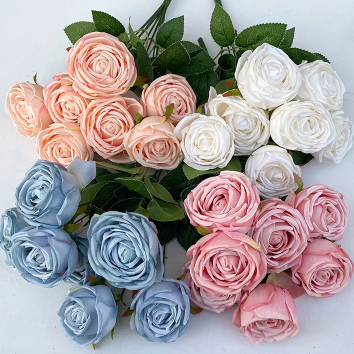 Wholesale European Style 7 Heads Artificial Silk Rose Flowers Bunch