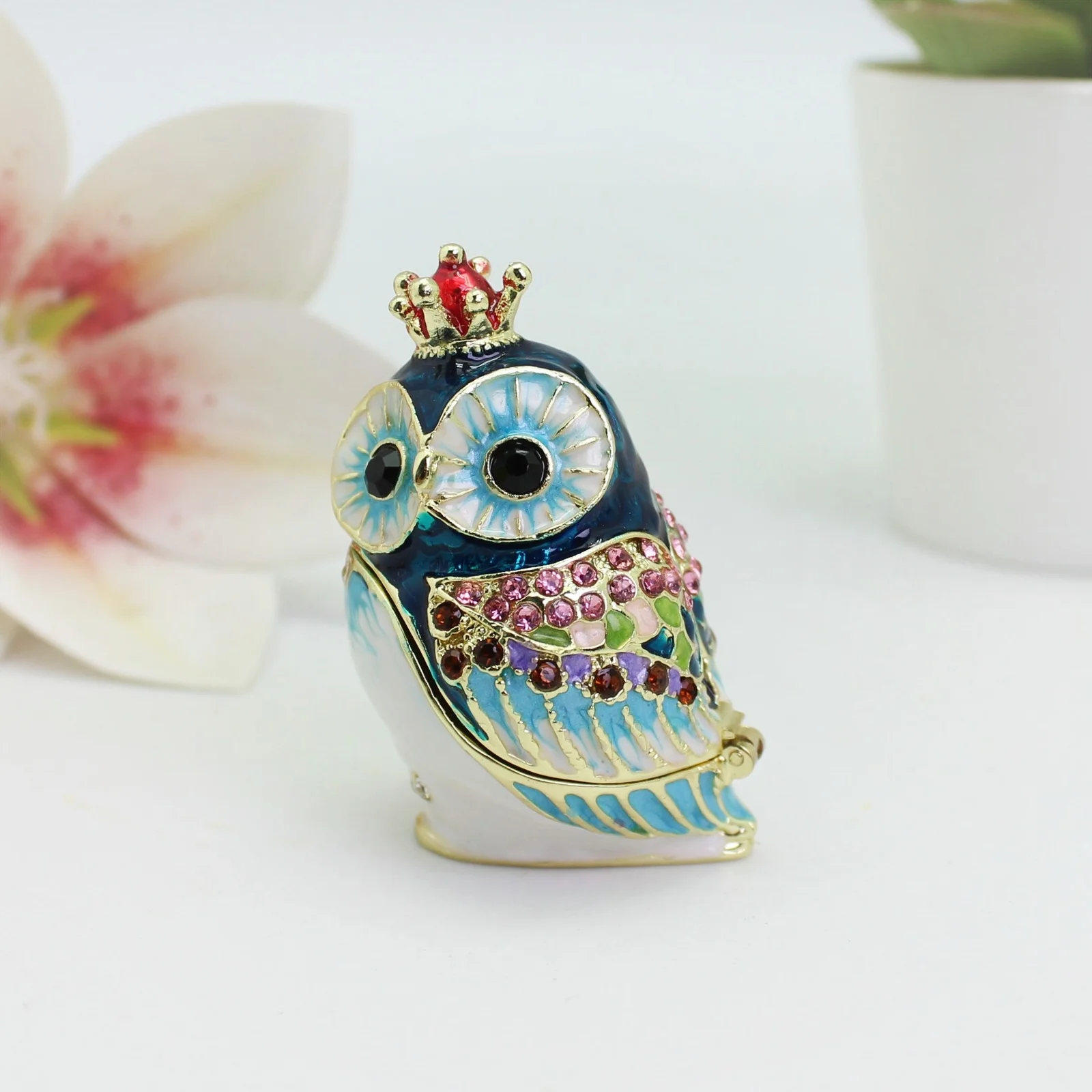 SHINNYGIFTS Mini Cartoon Crown Owl Gold-Plated Metal Pewter Enamel Home Decoration Figurine Ornament Trinket Box