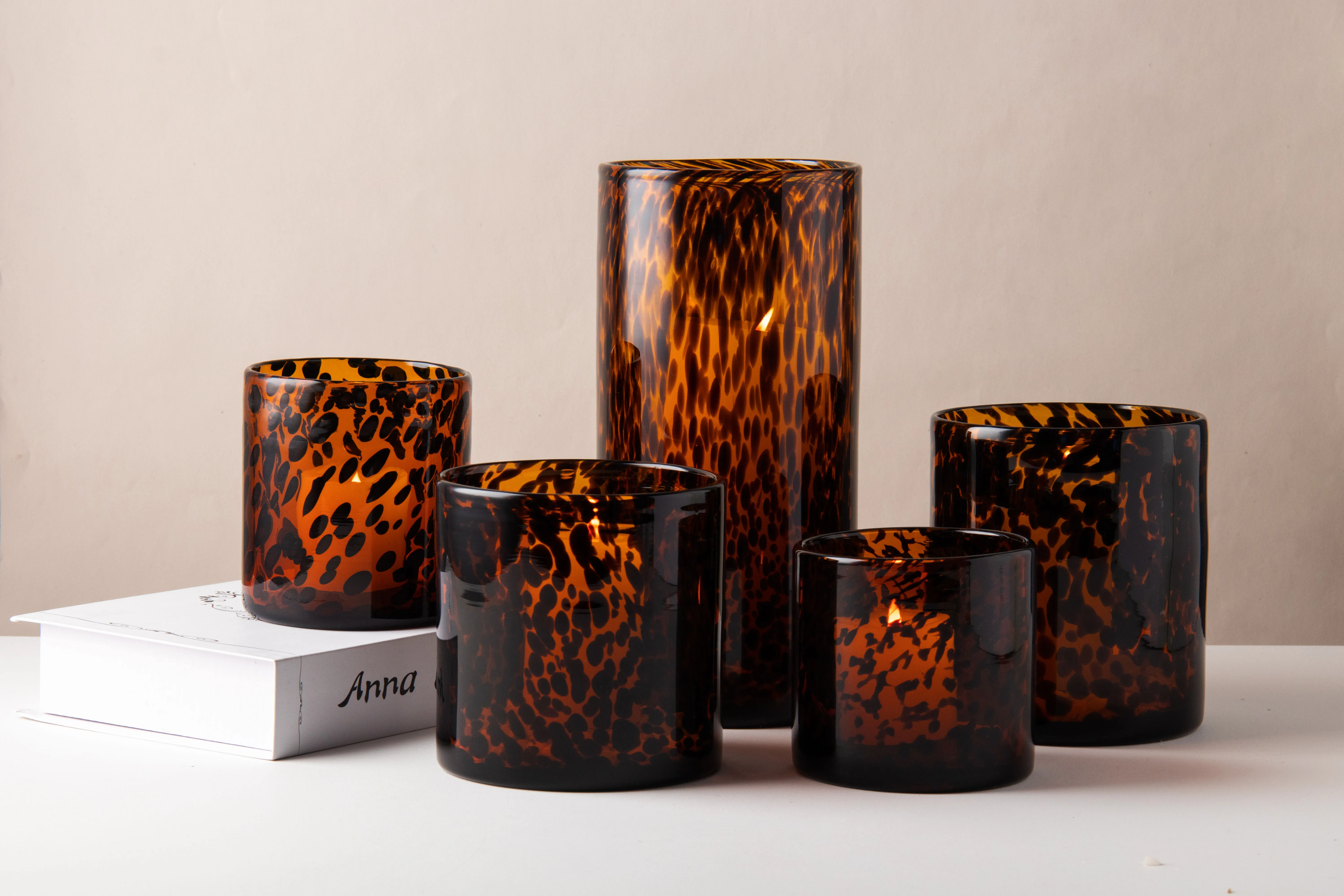 Hand Blown Cylinder Glass Candle Holder Colorful Brown Leopard Animal Print Tortoise Shell Glasses Design for Christmas Decor