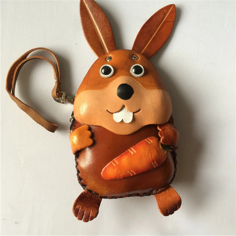 牛皮手工卡通硬币袋动物兔子皮革钱包女士迷你钱包礼品钥匙包