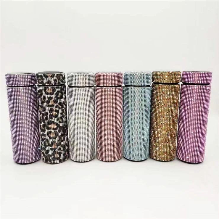 Stainless Steel Refillable Thermal Temperature Display Smart Led Insulated Bottle Bling Diamond Leopard Water Bottle