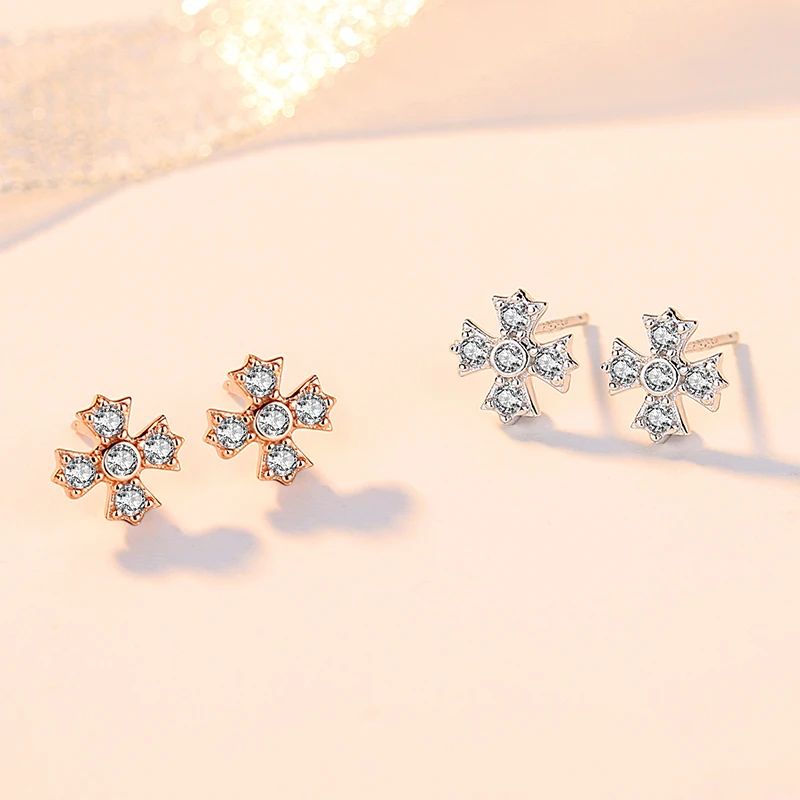 Wholesaler Earring Bling Crystal Rhinestone Women Gift Cross 925 Silver Korean Stud Earring Jewelry(图3)