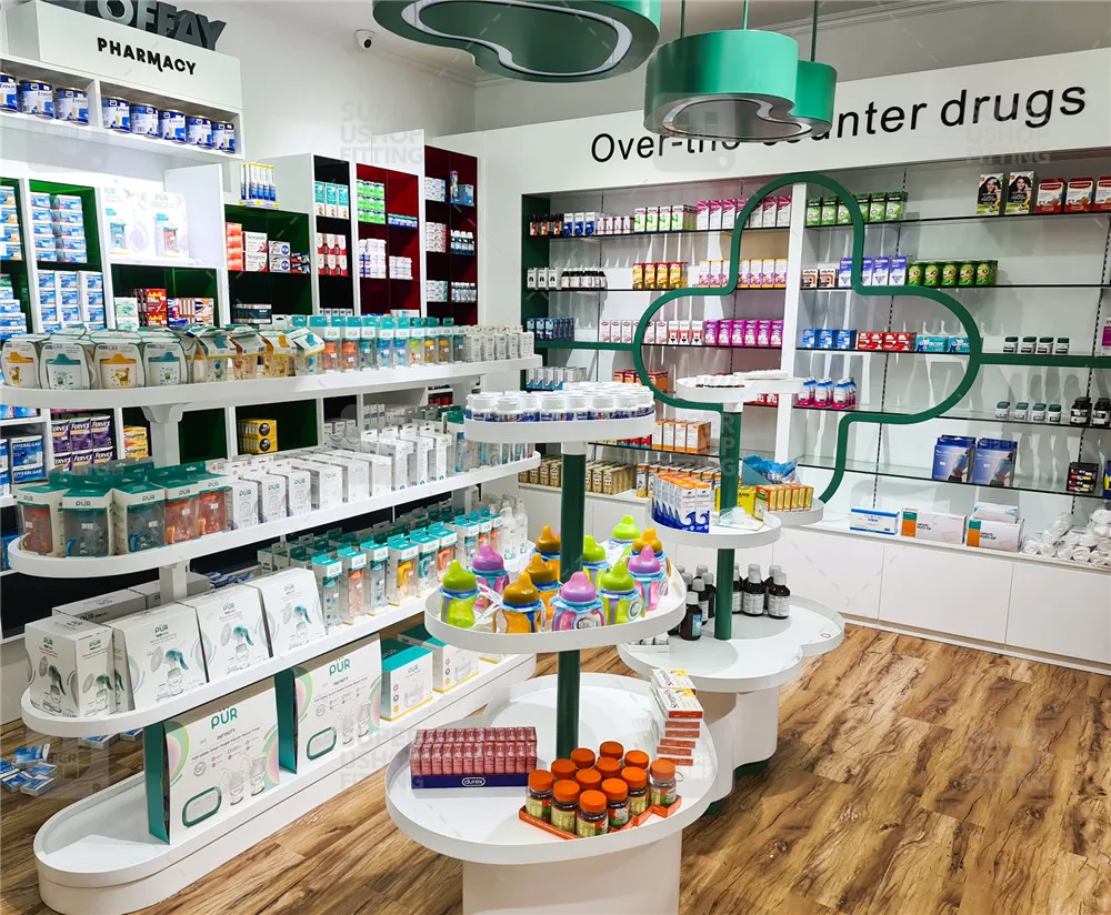 Trendy Medical Store Shelves Decoration Glass Display Shelf Gondola