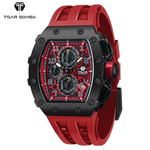 TSAR BOMBA Top Brand Men's Sports Watch SEIKO Movement 50m Waterproof Sapphire Crystal Tonneau Silicone Strap Luxury Fashionable
