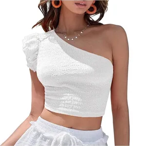 2025 Summer Women's One Shoulder Asymmetric Neck Fashion Solid Color Ruffle Edged Open Umbilical Short Top