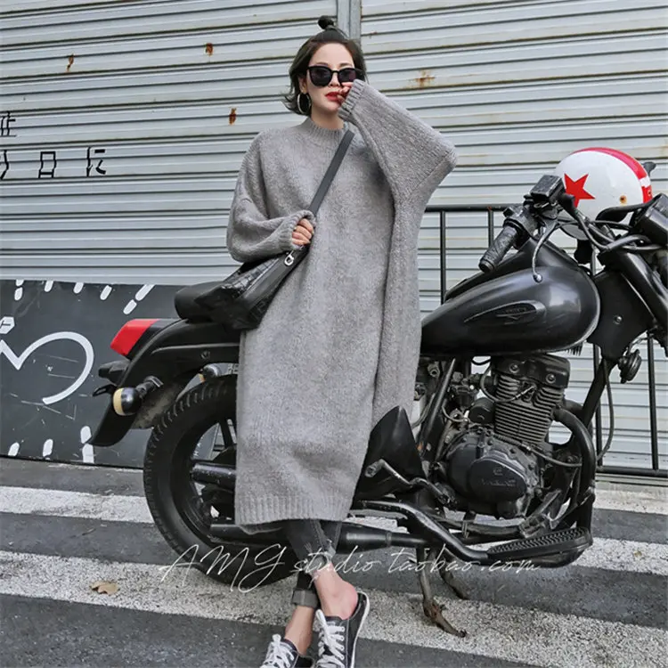 Winter Korean Style Fashion Oversized Pullover Knitted Long Sweater Casual  Thick Plus Size Baggy Midi Sweater Dresses for Women
