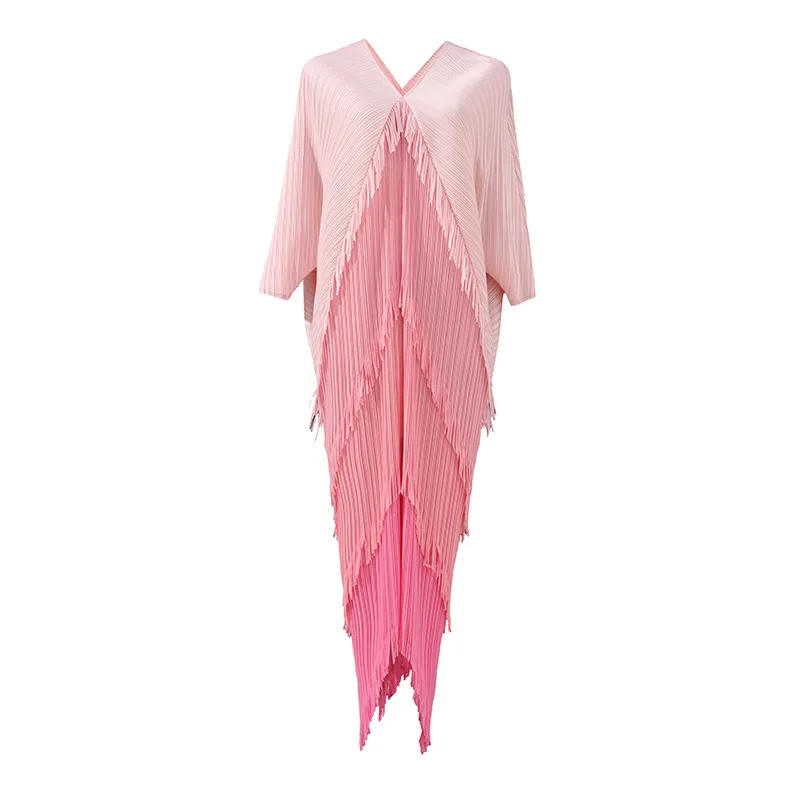 2023 New Woman Plus Size Evening Dresses Tassel Red Dress Miyake Pleated Woman Casual Dresses Summer Natural Polyester