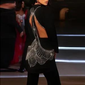 Luxury Women's Two-Piece Elegant Evening Party Wear Set Backless Blazer and Pants with Rhinestones Elegant Suit Jacket