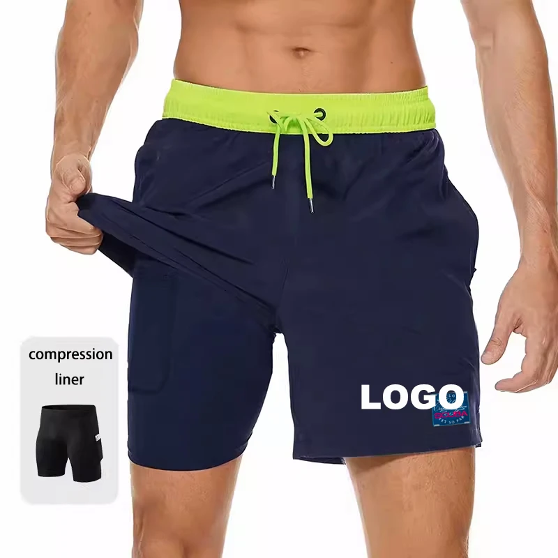 Customized Mens Compression Liner 2 in 1 Gym Running Shorts Beach Shorts Swim Trunks  Walkout Casual Shorts