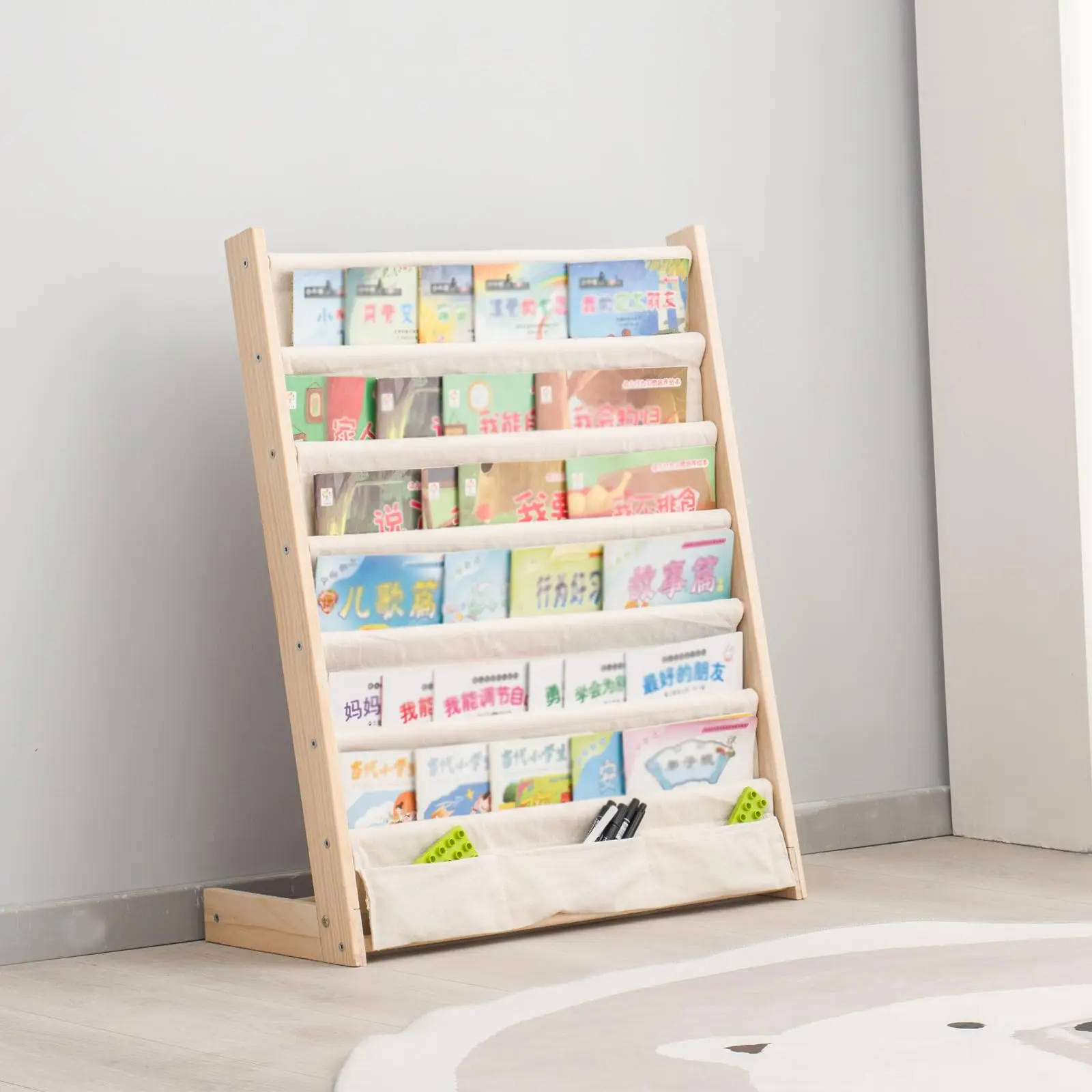 Bamboo Bookrack Canvas Book Storage Shelf Display Bookshelf 6 Tier Kids Book Rack for Bedroom Living Room