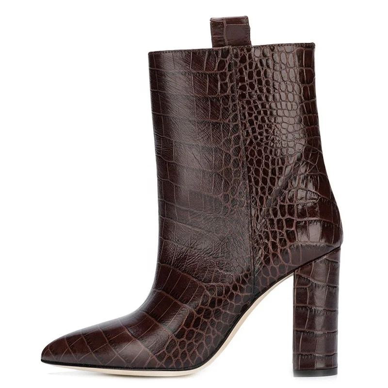 Crocodile Embossed Short Boot 2019 Women Chunky Heel Ankle Boots