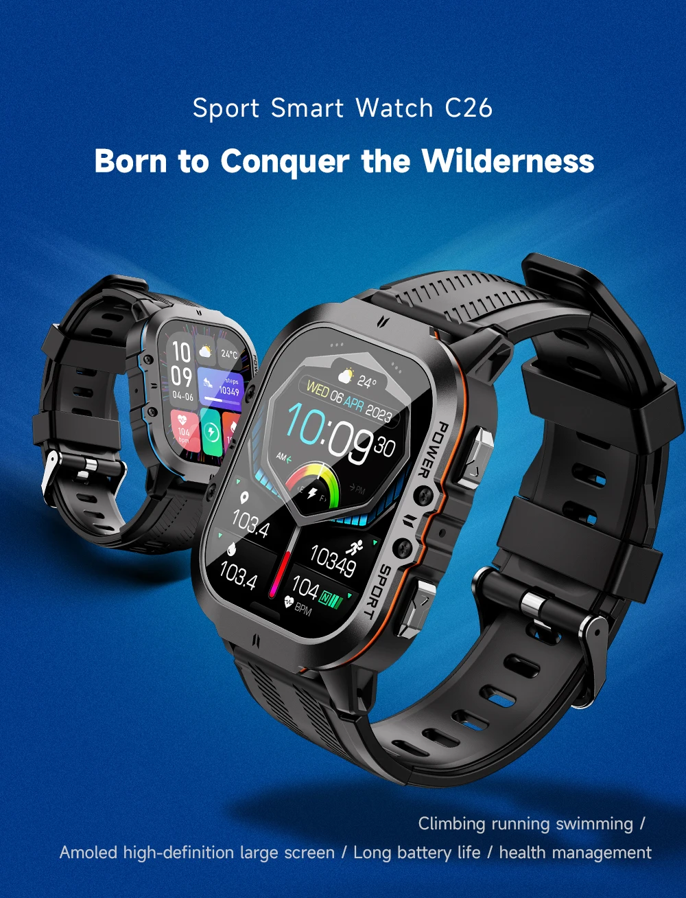 Fashion C26 Smart Watch 350mah Large Battery Ip68 Waterproof Square ...