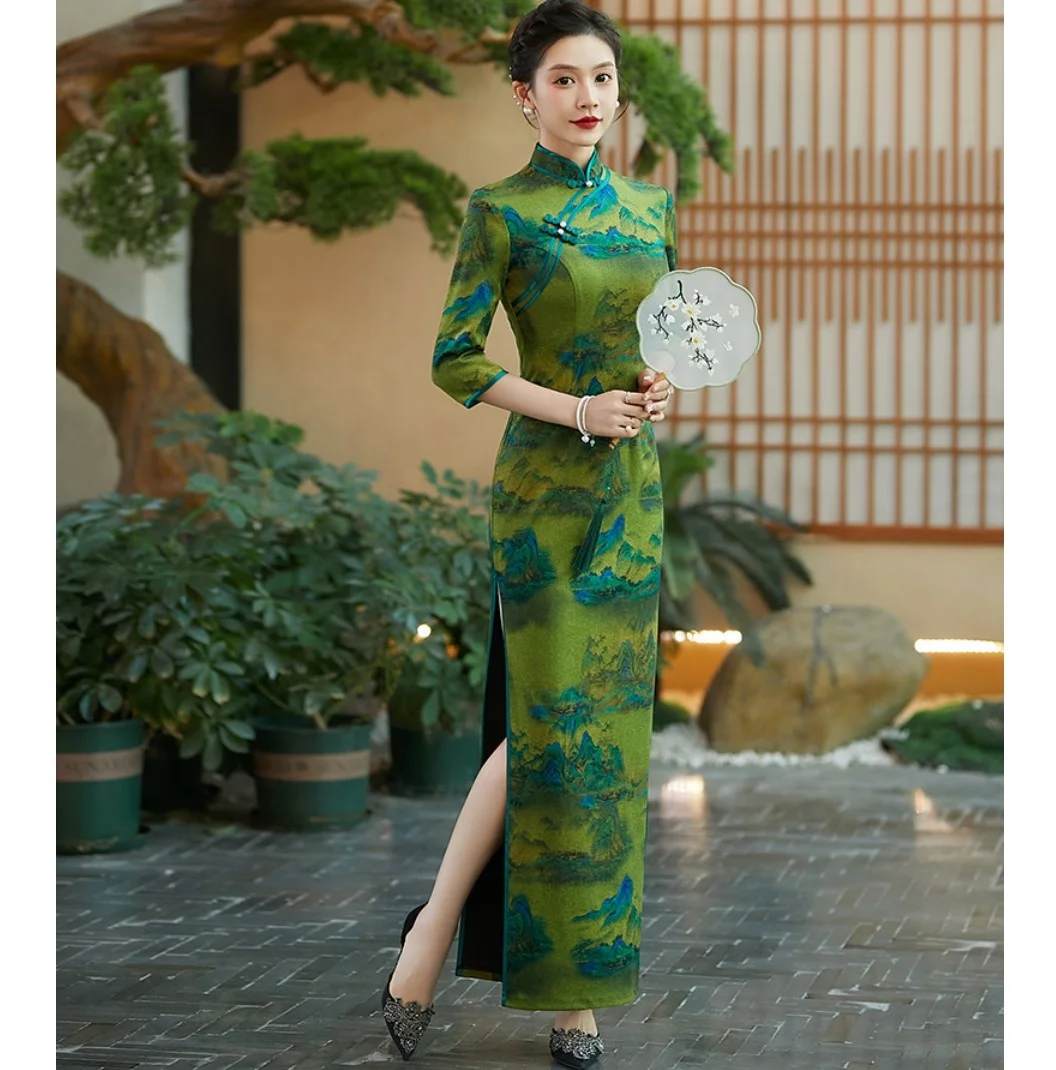chinese dress ladies MUKZIN Square Neck Retro New Popular Long-Sleeved Cheongsam Dress L main image 0