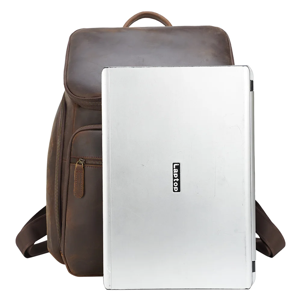 High Quality Classic Design Dark Brown Male Genuine Leather Back Pack Bag 15.6 Inch Laptop Backpack Bag
