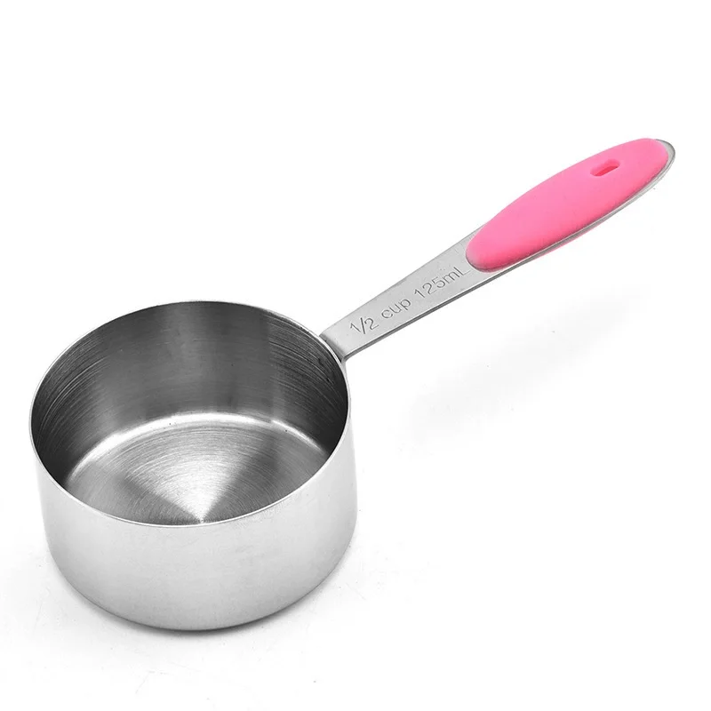 Eco-Friendly Kitchen Accessories with Silicone Handle 250ml Capacity Metal Measuring Cups and Spoons Set for Cooking and Baking