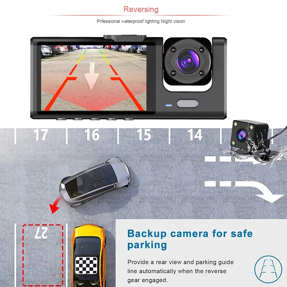3 Channel Car DVR HD 1080P 3-Lens Inside Vehicle Dash Cam Three Way ...