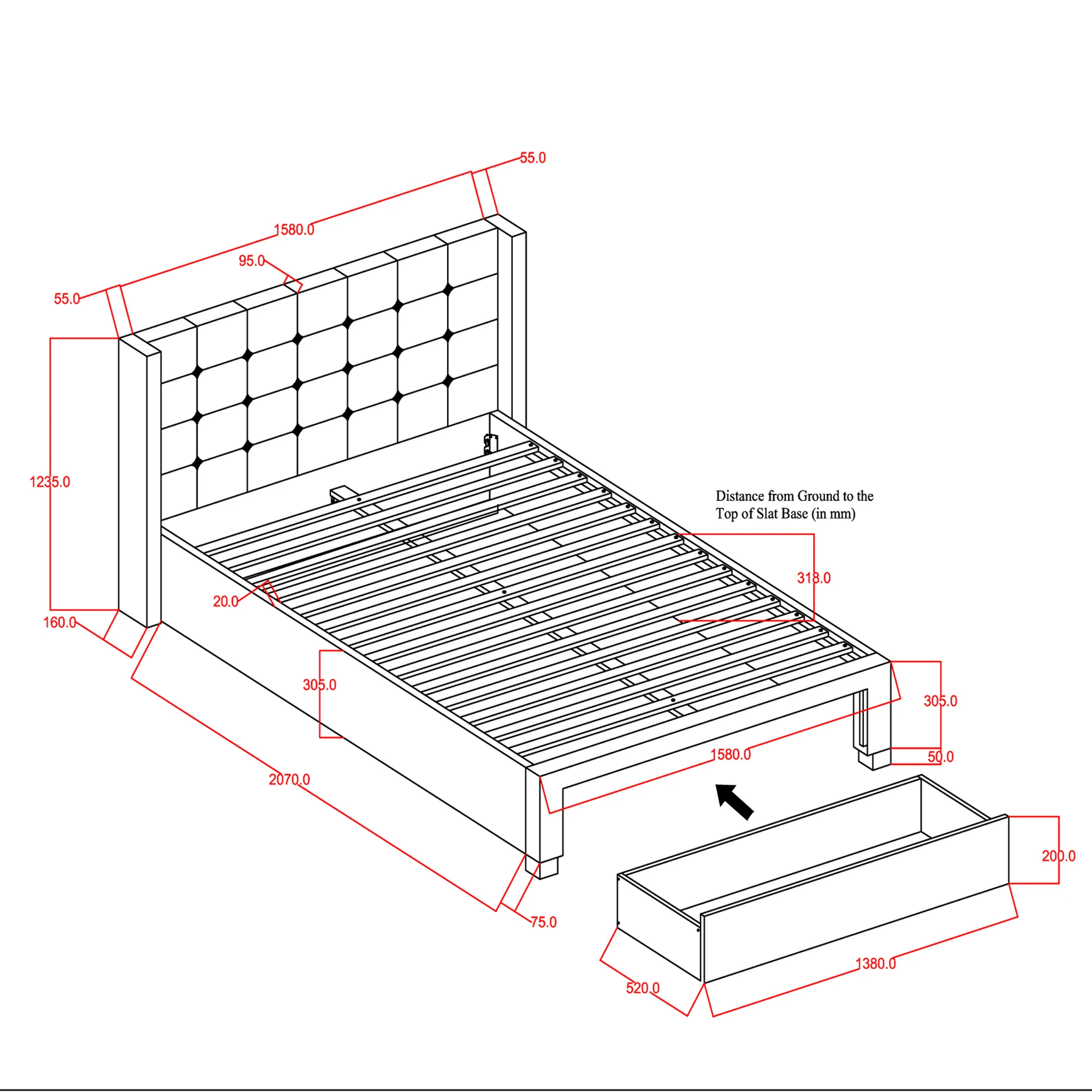 LVL Slats Storage Bed Frames With Drawer on the Footend and Button Tufted Design Bed Head Queen Size Low Price