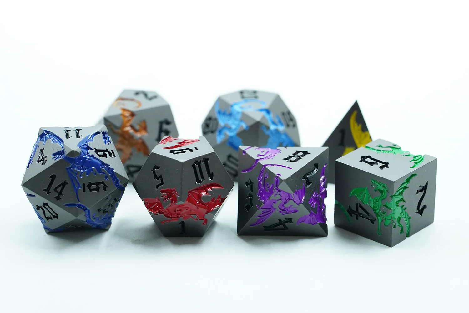 Colorful Rainbow Dragon Metal Dice Set 7pcs 16mm Zinc Alloy D20 Polyhedral for DND Games Custom Logo factory
