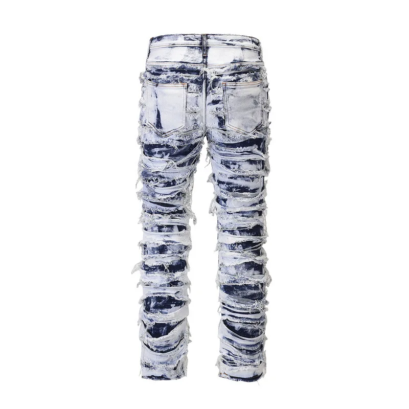 Op maat gemaakte design straatstijl vintage gestapelde pasvorm, stijlvolle slanke pasvorm, uitlopende gescheurde jeans voor heren, versleten denim jeans