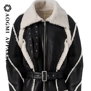 High-End Custom Fashion Ladies Shearling Composite Fur Reversible Winter Jacket with Wool Lining and Flanging Cuffs
