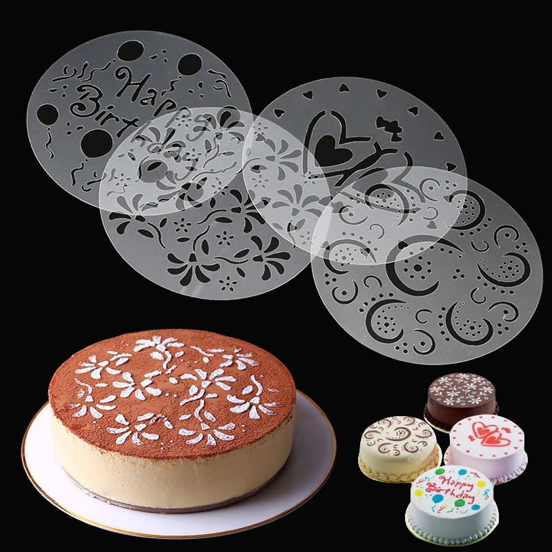 Yovige Lot de 4 pochoirs à gâteau fournitures de pâtisserie moule à fleurs en plastique réutilisable décoration de gâteau