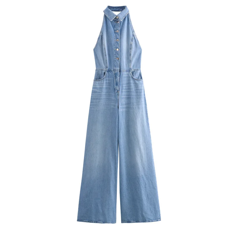 Yozgi ayollar uchun halter bo'yinli denim kombinezon, 2024-yilgi yangi kasbiy moda, retroy uslubdagi, orqasiz, qo'lsiz denim kombinezon