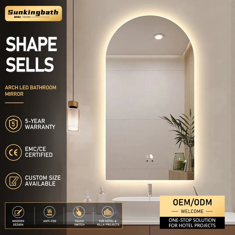 Modern Arch LED Bathroom Mirror Anti-Fog Backlit Dimmable Frameless Touch Mirror Arched Smart Bathroom Mirror with Led Light
