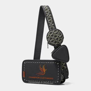 Custom Logo Monogram Printed Leather 3 in 1 Men's Crossbody Chest Messenger Bag Shoulder Pack With Pouch