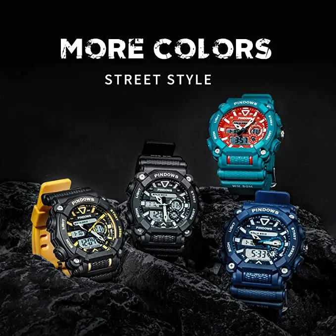 Montre Digitale Sport Homme Pindows - Etanche 50m - Alarme Chrono Compte à Rebours - Mouvement Japonais